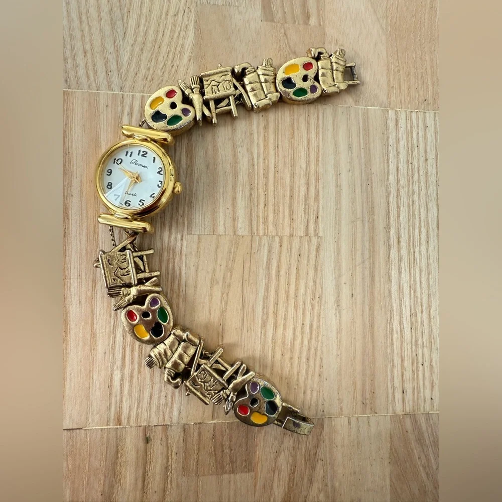 Parmex ladies gold tone artist bracelet watch NEW BATTERY